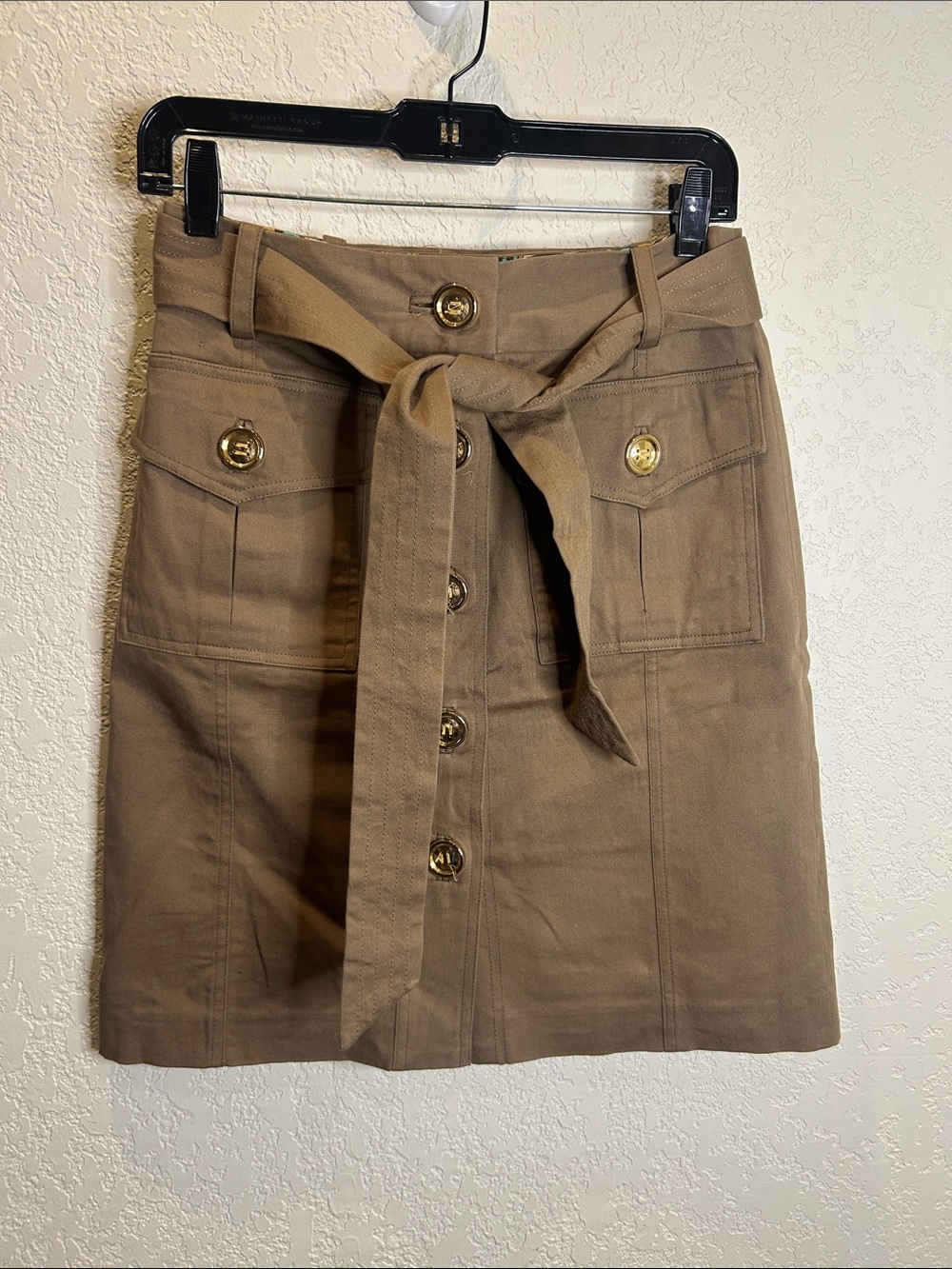 Milly of New York Khaki Button-Front Mini Skirt with Tie Belt